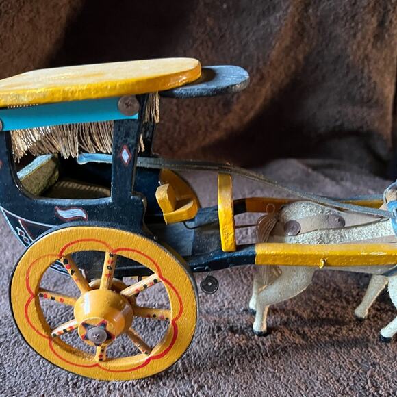 VINTAGE WOOD  WHITE HORSE &  BLUE/ YELLOW CART - Picture 5 of 7